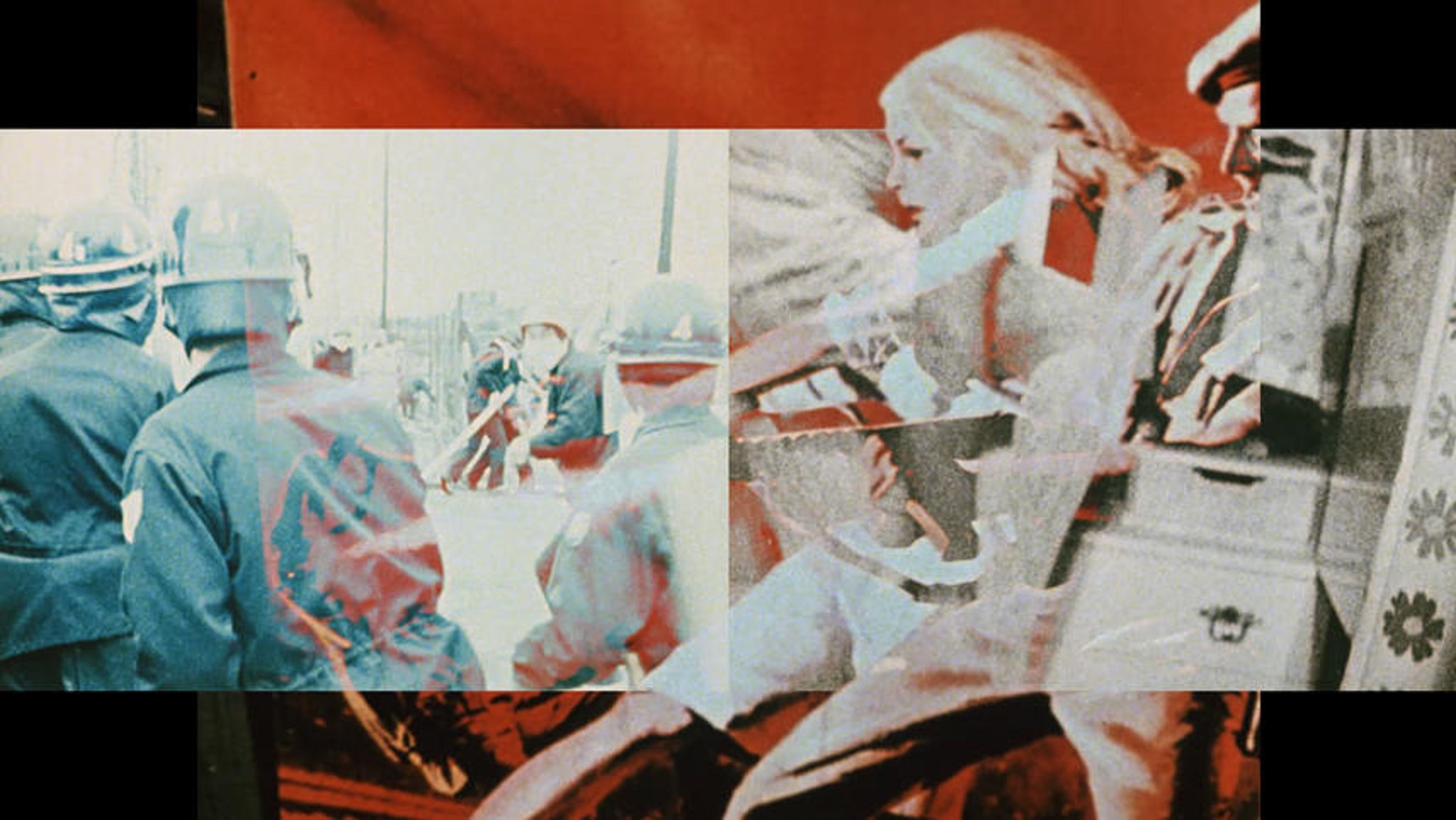 Film still of layered images from protests and historical events